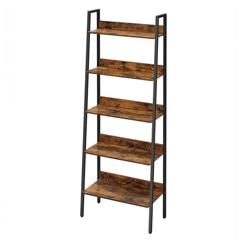 70 Inch Ladder Bookcase, 5 Tier Angled Wood Shelves, Black Iron Frame - BM316386