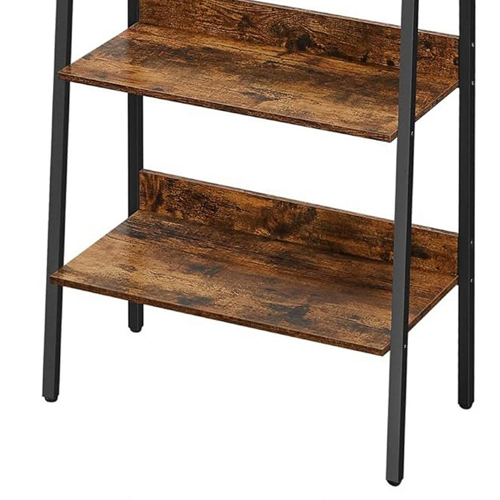 70 Inch Ladder Bookcase, 5 Tier Angled Wood Shelves, Black Iron Frame - BM316386