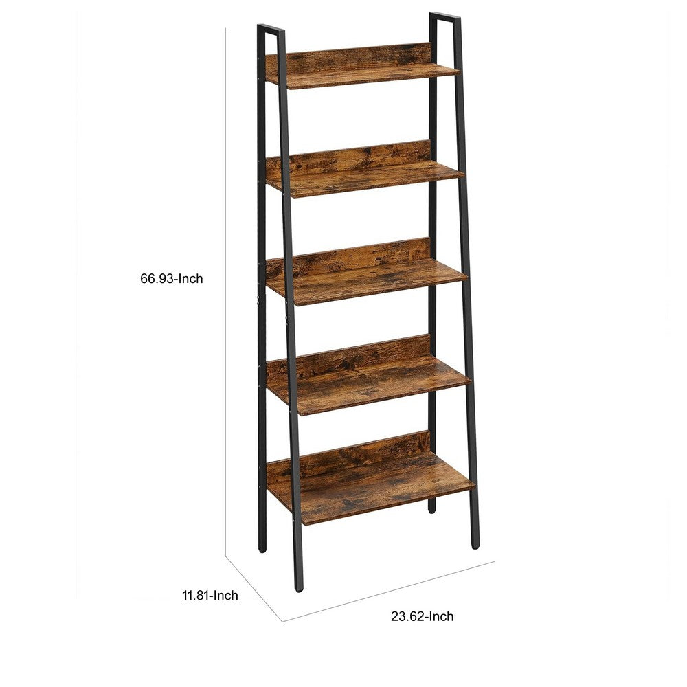 70 Inch Ladder Bookcase, 5 Tier Angled Wood Shelves, Black Iron Frame - BM316386