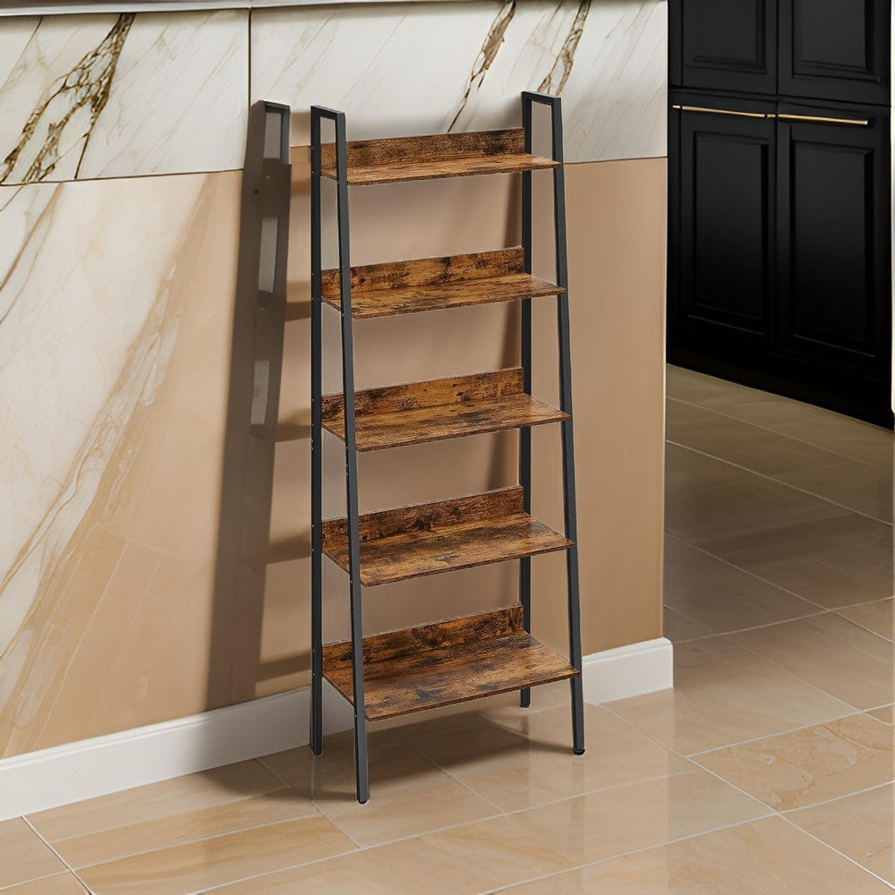 Benzara 70 Inch Ladder Bookcase, 5 Tier Angled Wood Shelves, Black Iron  Frame - BM316386 |Benzara.com