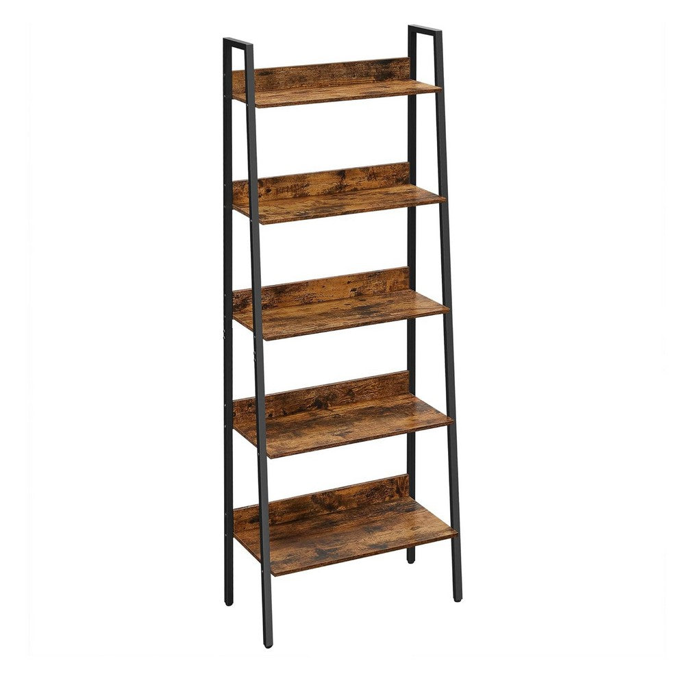 70 Inch Ladder Bookcase, 5 Tier Angled Wood Shelves, Black Iron Frame - BM316386