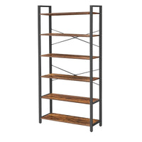 Bess 73 Inch Ladder Bookcase, 6 Tier Shelves, X Crossbar, Brown, Black Iron - BM316388