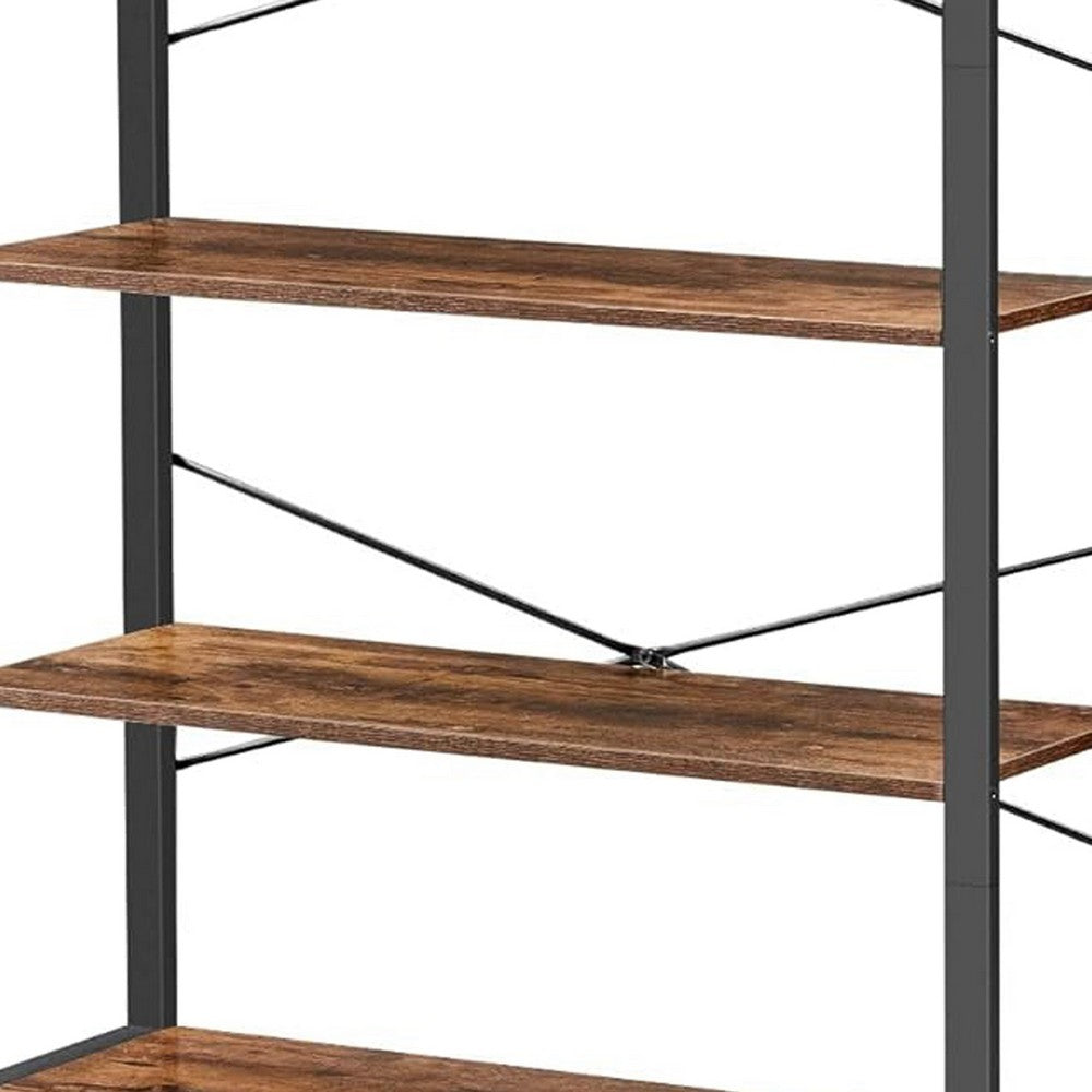 Bess 73 Inch Ladder Bookcase, 6 Tier Shelves, X Crossbar, Brown, Black Iron - BM316388