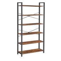 Bess 73 Inch Ladder Bookcase, 6 Tier Shelves, X Crossbar, Brown, Black Iron - BM316388