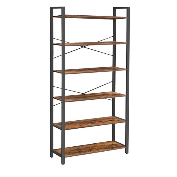 Bess 73 Inch Ladder Bookcase, 6 Tier Shelves, X Crossbar, Brown, Black Iron - BM316388