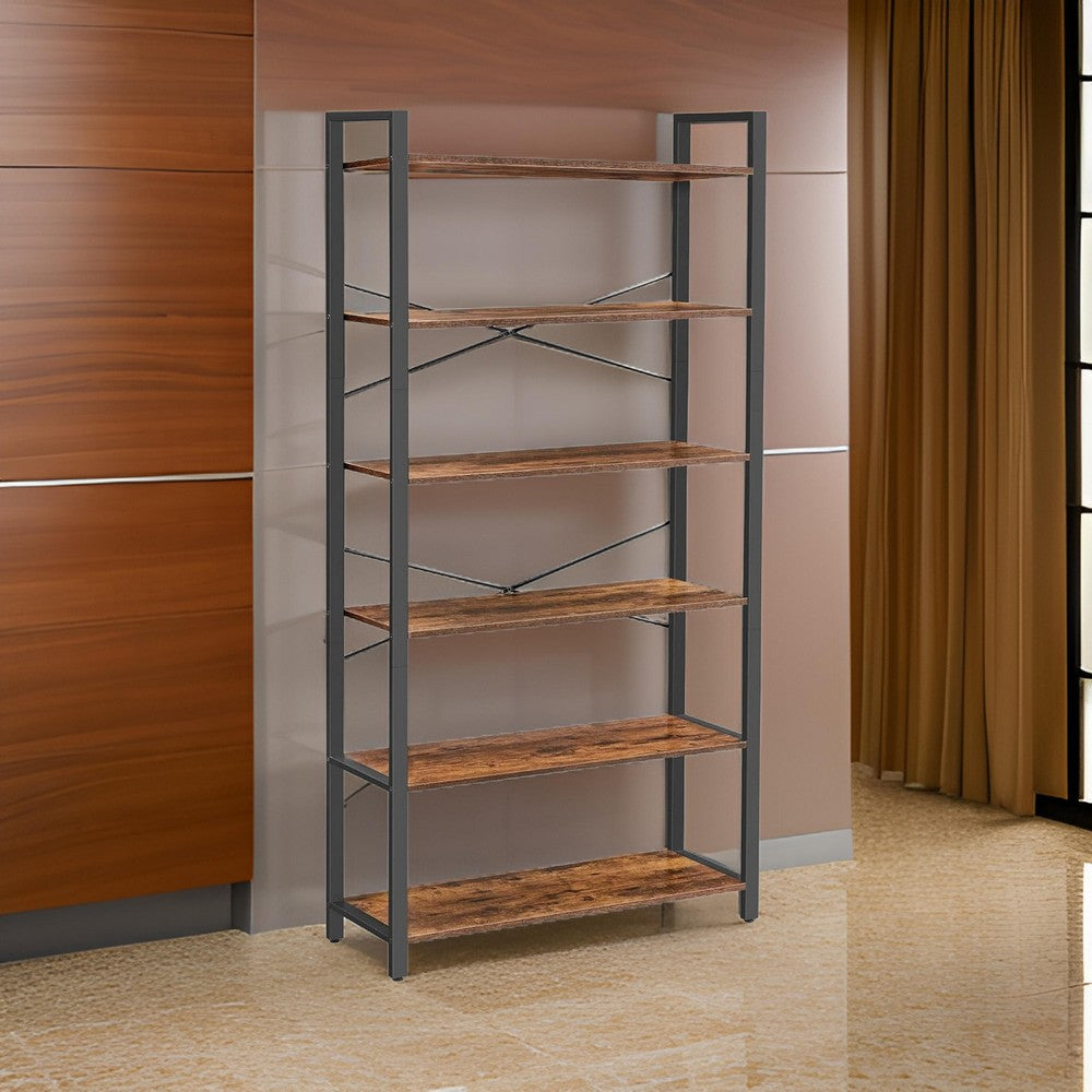 Bess 73 Inch Ladder Bookcase, 6 Tier Shelves, X Crossbar, Brown, Black Iron - BM316388