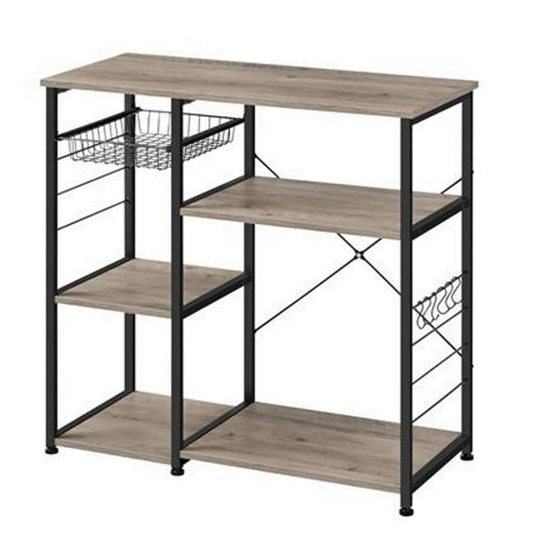 Elva 35 Inch Kitchen Rack, 4 Tier Shelves, Wire Basket, Greige Wood, Black - BM316390