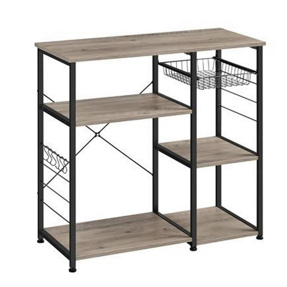 Elva 35 Inch Kitchen Rack, 4 Tier Shelves, Wire Basket, Greige Wood, Black - BM316390