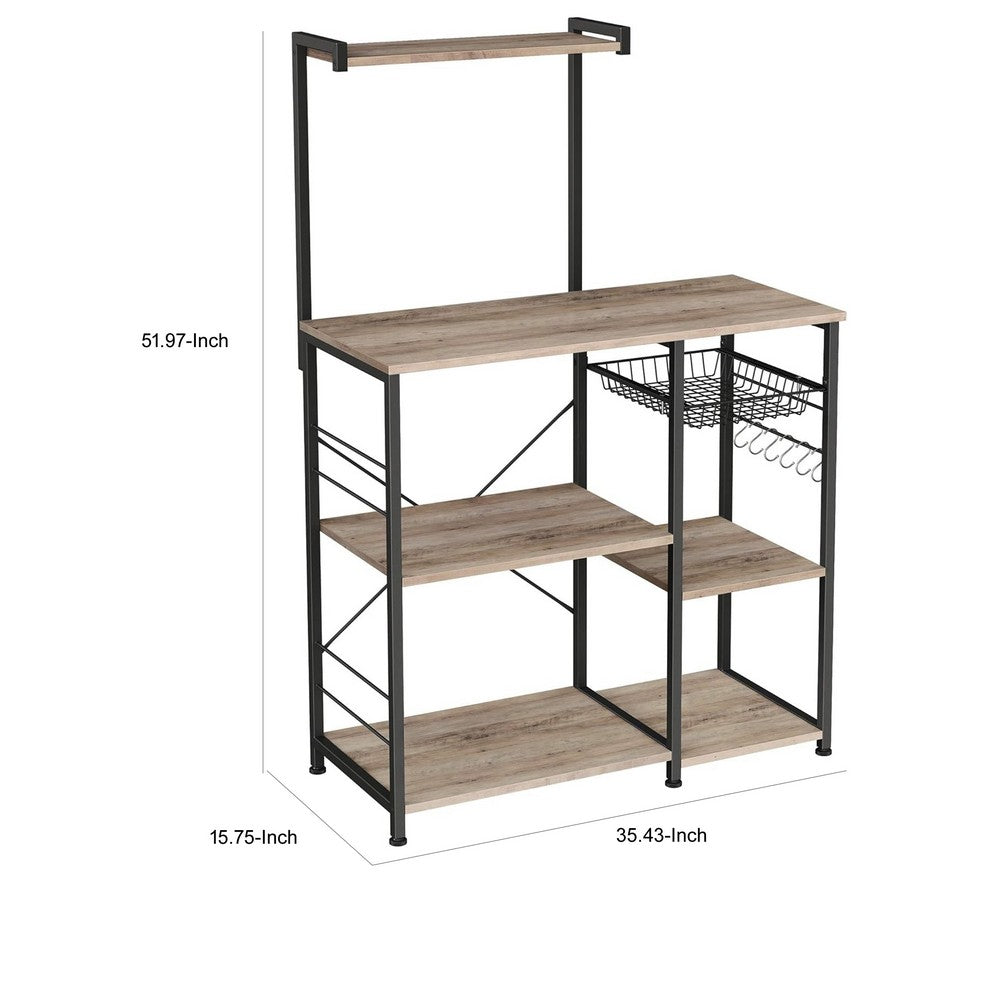 Elva 52 Inch Kitchen Rack, 4 Tier Shelves, Wire Basket, Brown Wood Black - BM316391