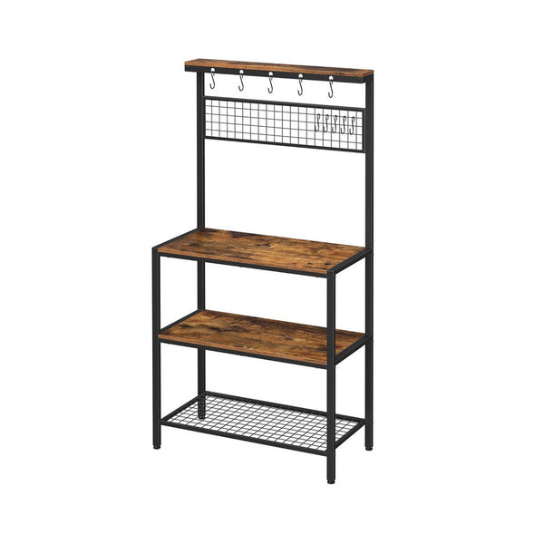 70 Inch Kitchen Baker Rack, 3 Tier Shelf, Grid Panel with Hooks, Black Iron - BM316392