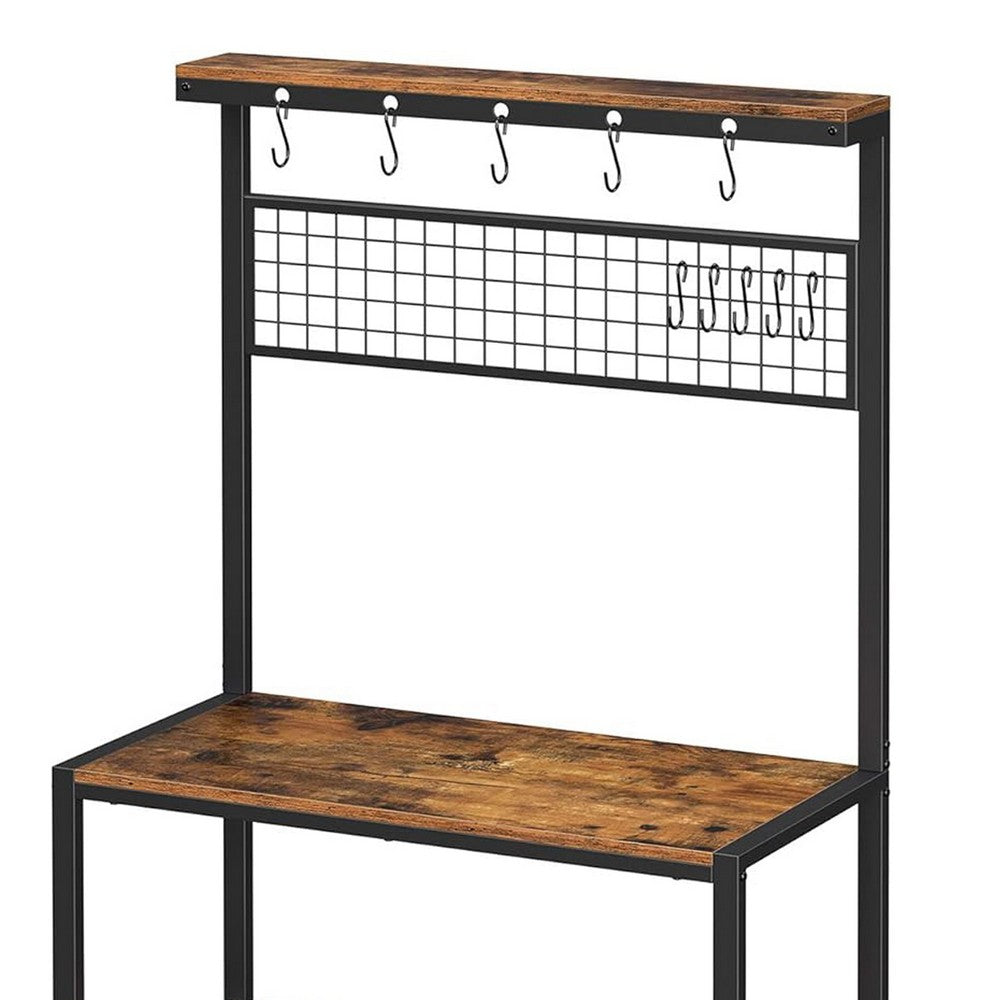 70 Inch Kitchen Baker Rack, 3 Tier Shelf, Grid Panel with Hooks, Black Iron - BM316392