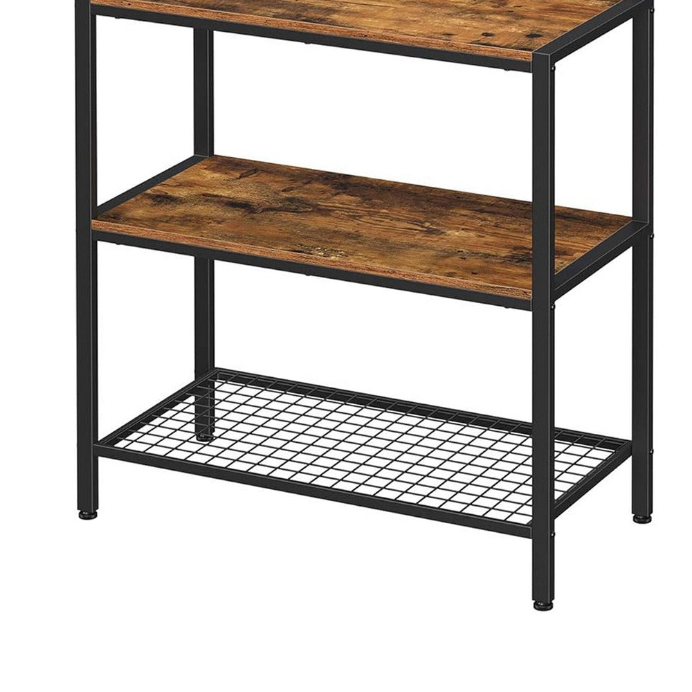 70 Inch Kitchen Baker Rack, 3 Tier Shelf, Grid Panel with Hooks, Black Iron - BM316392