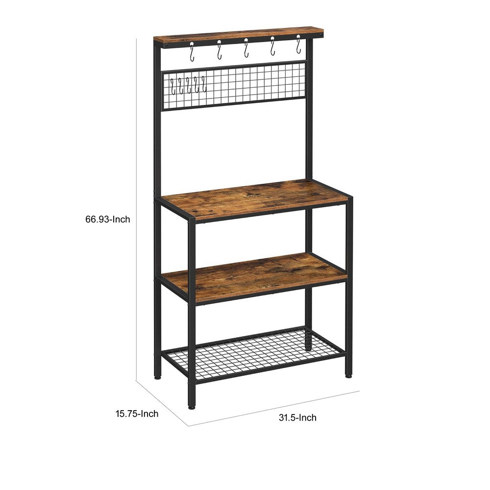 70 Inch Kitchen Baker Rack, 3 Tier Shelf, Grid Panel with Hooks, Black Iron - BM316392