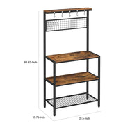 70 Inch Kitchen Baker Rack, 3 Tier Shelf, Grid Panel with Hooks, Black Iron - BM316392