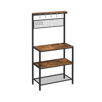 70 Inch Kitchen Baker Rack, 3 Tier Shelf, Grid Panel with Hooks, Black Iron - BM316392