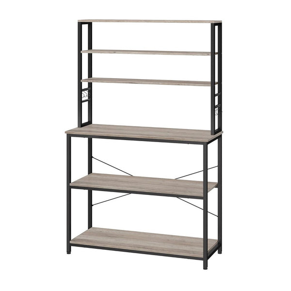 Gina 66 Inch Kitchen Baker Rack, 6 Tier Gray Shelves, Hooks, Black Iron - BM316393