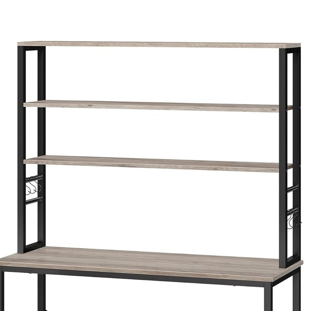 Gina 66 Inch Kitchen Baker Rack, 6 Tier Gray Shelves, Hooks, Black Iron - BM316393