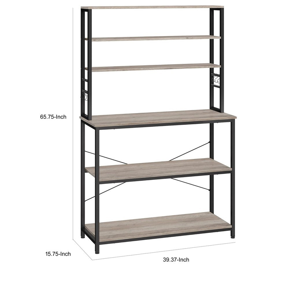 Gina 66 Inch Kitchen Baker Rack, 6 Tier Gray Shelves, Hooks, Black Iron - BM316393