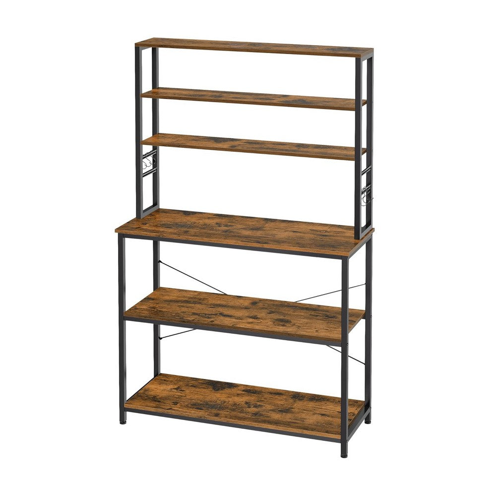 Gina 66 Inch Kitchen Baker Rack, 6 Tier Brown Shelves, Hooks, Black Iron - BM316394