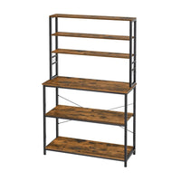 Gina 66 Inch Kitchen Baker Rack, 6 Tier Brown Shelves, Hooks, Black Iron - BM316394