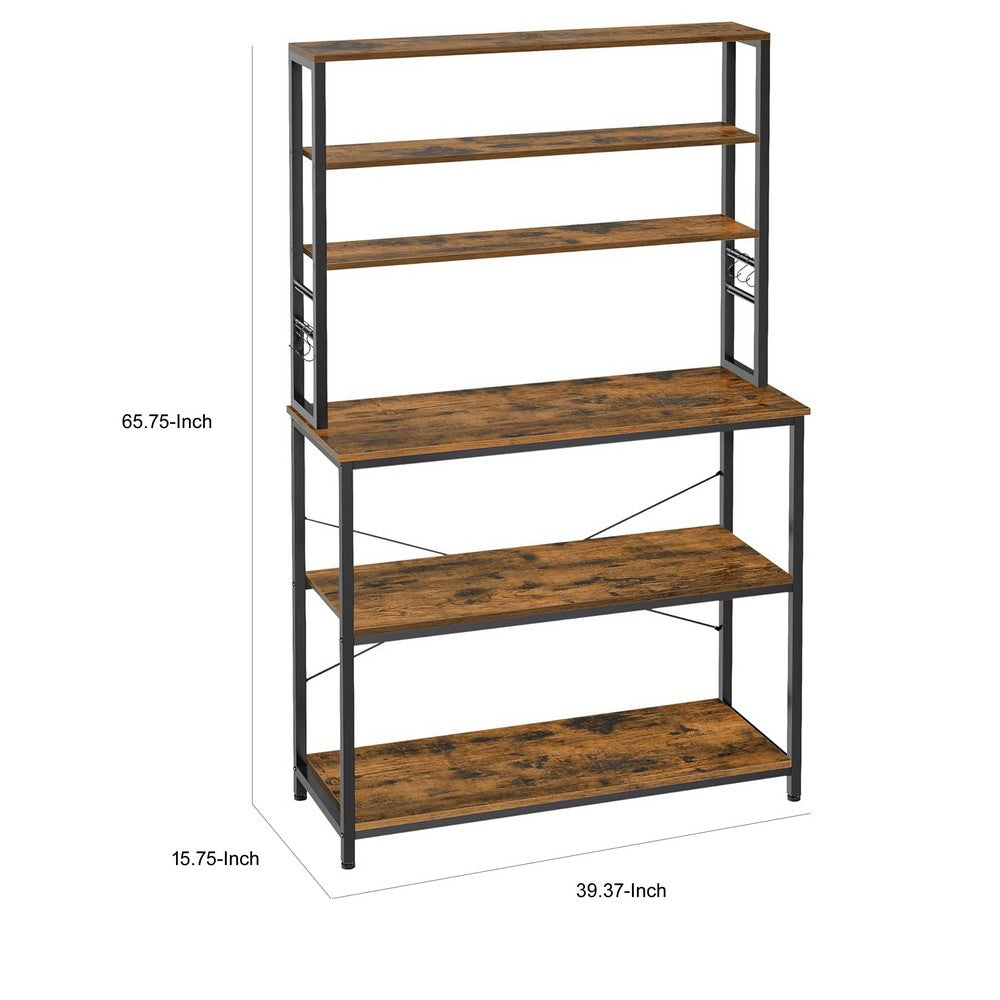 Gina 66 Inch Kitchen Baker Rack, 6 Tier Brown Shelves, Hooks, Black Iron - BM316394