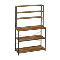 Gina 66 Inch Kitchen Baker Rack, 6 Tier Brown Shelves, Hooks, Black Iron - BM316394