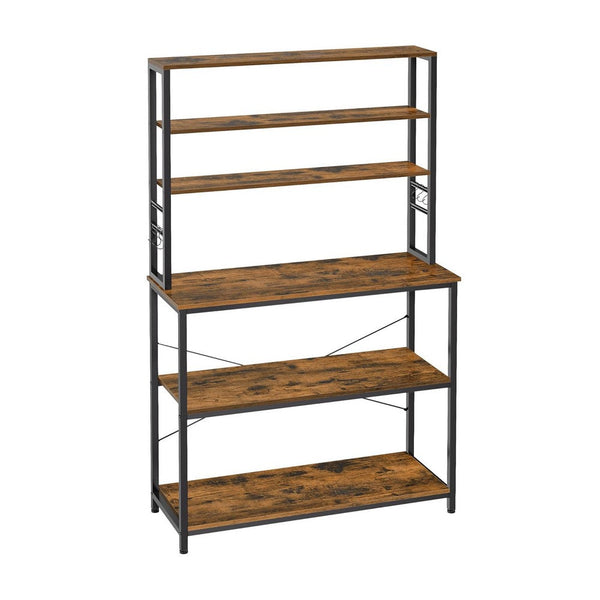 Gina 66 Inch Kitchen Baker Rack, 6 Tier Brown Shelves, Hooks, Black Iron - BM316394