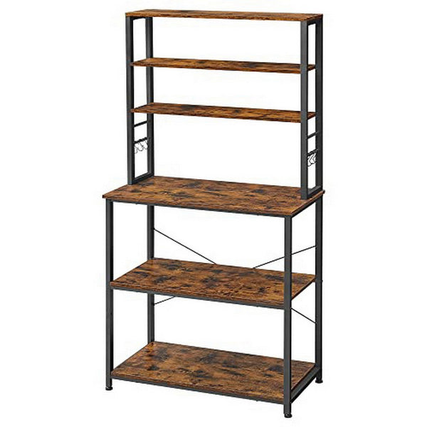 Gina 66 Inch Kitchen Baker Rack, 6 Tier Light Brown Shelves, Hooks, Black - BM316395