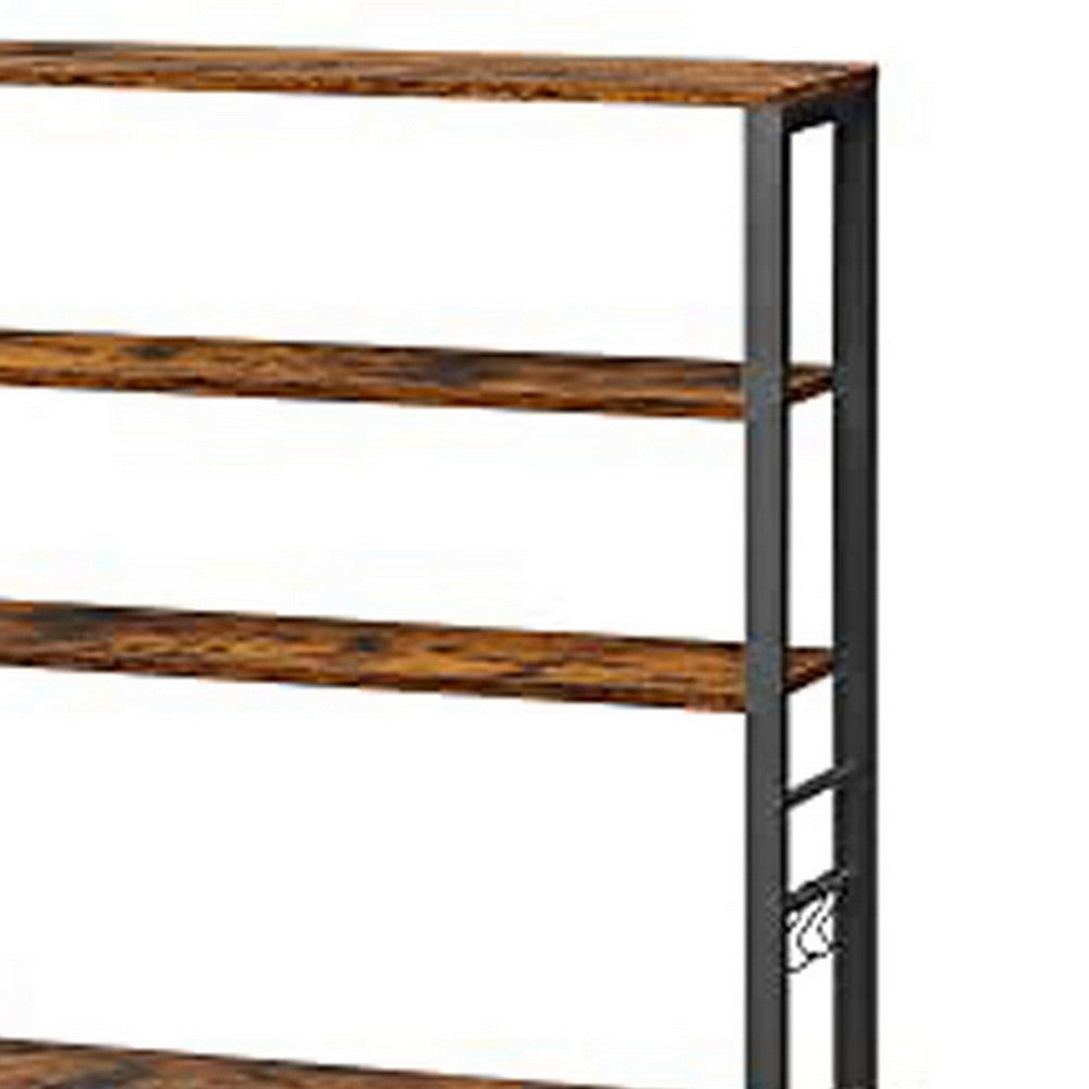 Gina 66 Inch Kitchen Baker Rack, 6 Tier Light Brown Shelves, Hooks, Black - BM316395