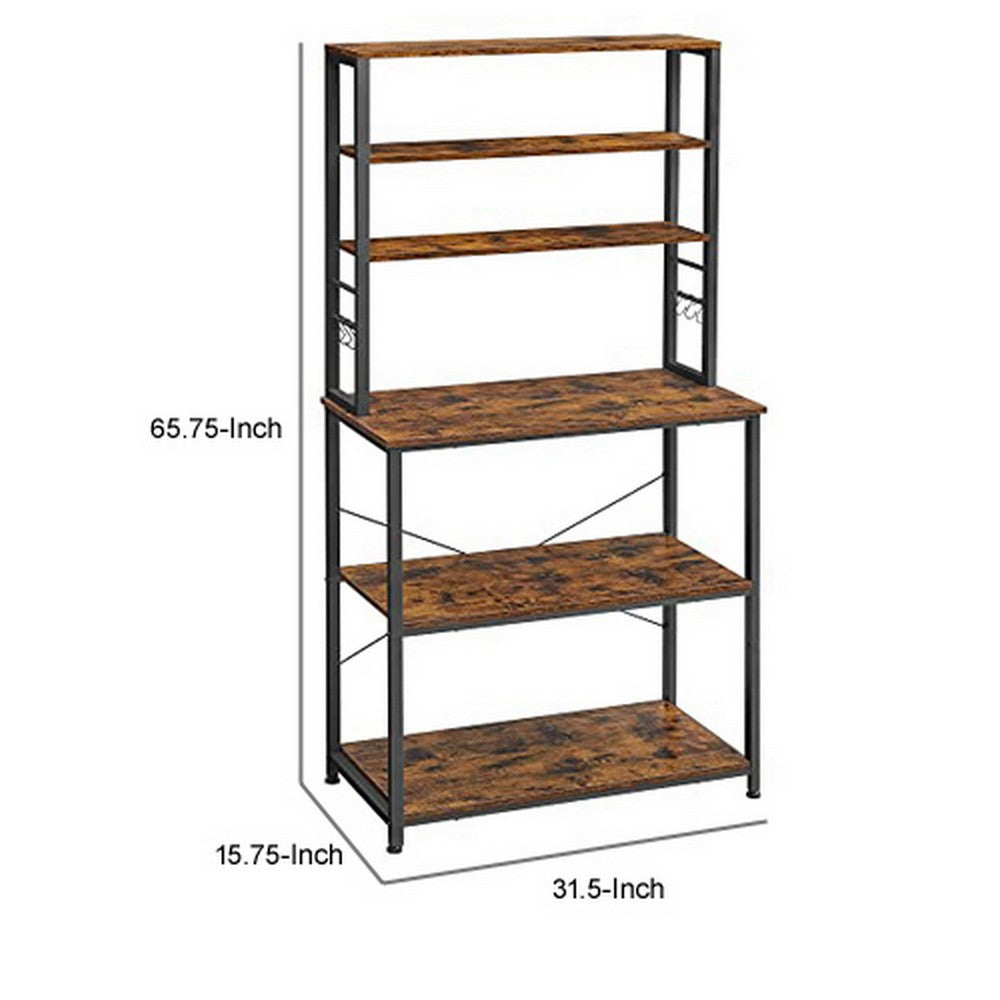 Gina 66 Inch Kitchen Baker Rack, 6 Tier Light Brown Shelves, Hooks, Black - BM316395