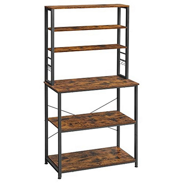 Gina 66 Inch Kitchen Baker Rack, 6 Tier Light Brown Shelves, Hooks, Black - BM316395