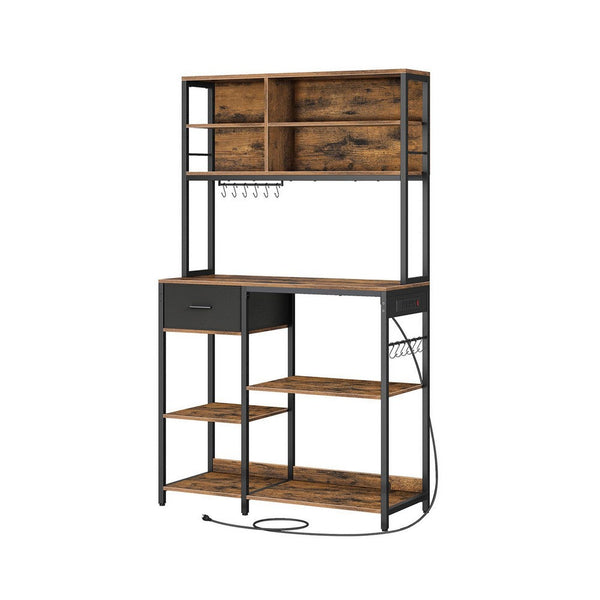 Jax 71 Inch Kitchen Storage Rack, 4 Tier Brown Shelves 1 Drawer, Black Iron - BM316397