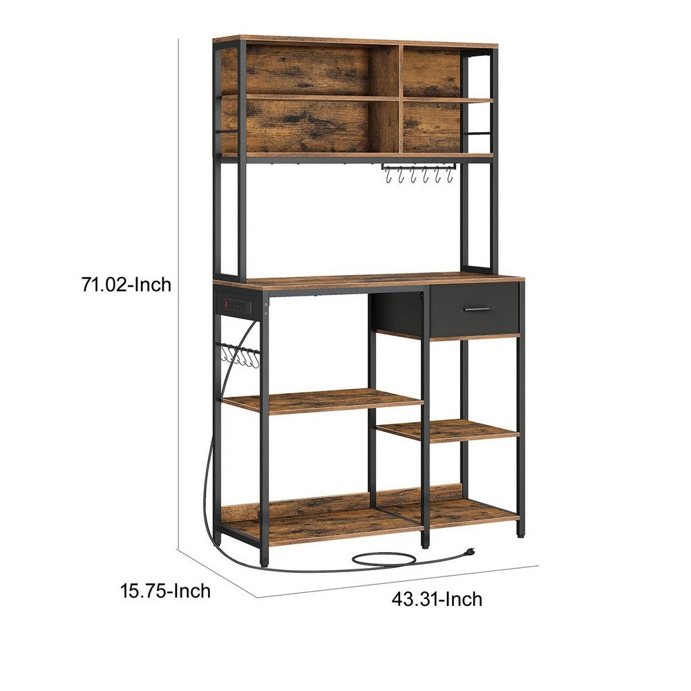 Jax 71 Inch Kitchen Storage Rack, 4 Tier Brown Shelves 1 Drawer, Black Iron - BM316397