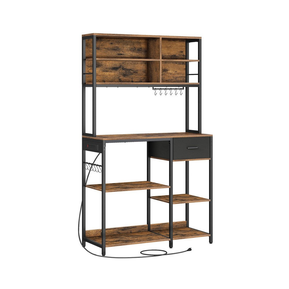 Jax 71 Inch Kitchen Storage Rack, 4 Tier Brown Shelves 1 Drawer, Black Iron - BM316397