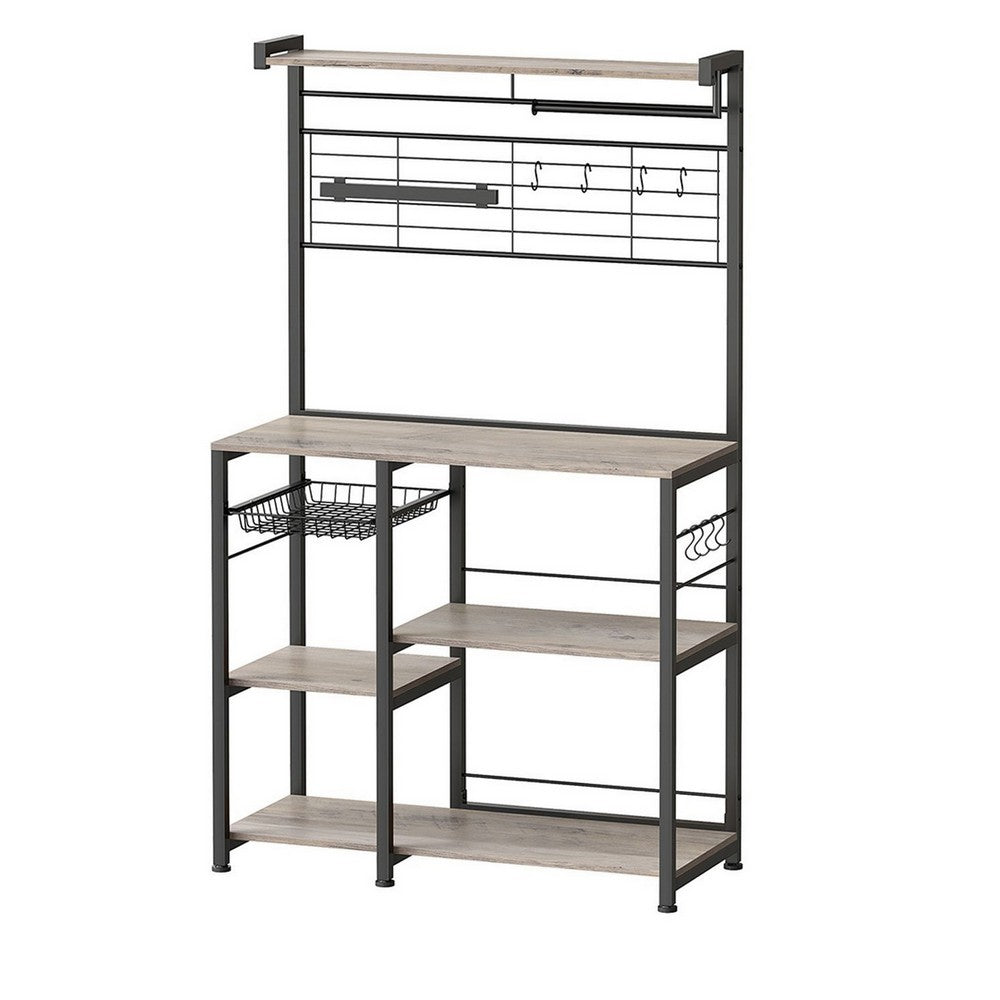 Kodi 66 Inch Kitchen Baker Rack, 4 Tier Gray Shelves, Wire Basket, Black - BM316399