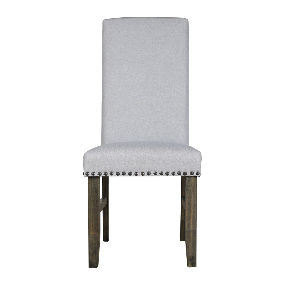 Luo 19 Inch Dining Chairs Set of 2, Nailhead Trim, Gray Fabric, Brown Wood - BM316479