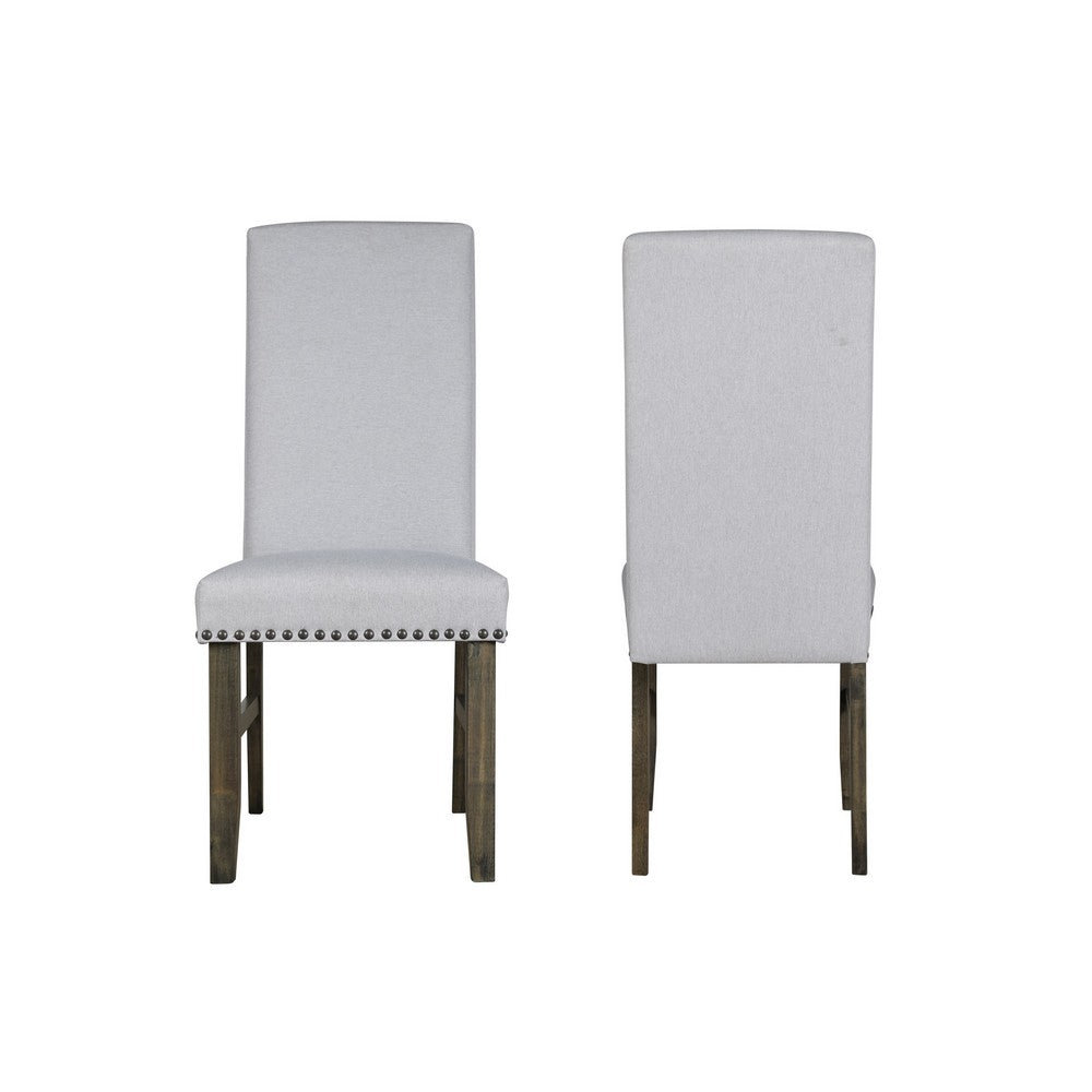 Luo 19 Inch Dining Chairs Set of 2, Nailhead Trim, Gray Fabric, Brown Wood - BM316479