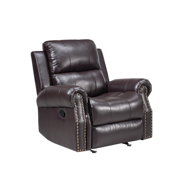 Tavi 37 Inch Glider Chair, Manual Recliner, Nailhead Trim, Brown Upholstery - BM316485