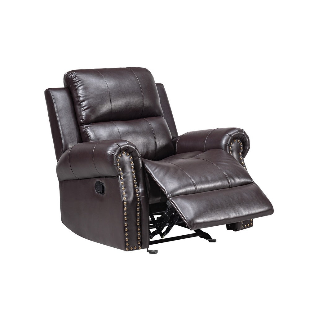 Tavi 37 Inch Glider Chair, Manual Recliner, Nailhead Trim, Brown Upholstery - BM316485