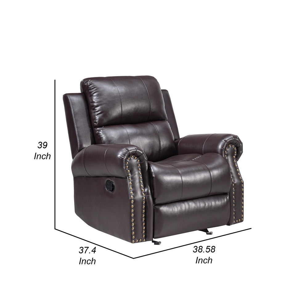 Tavi 37 Inch Glider Chair, Manual Recliner, Nailhead Trim, Brown Upholstery - BM316485