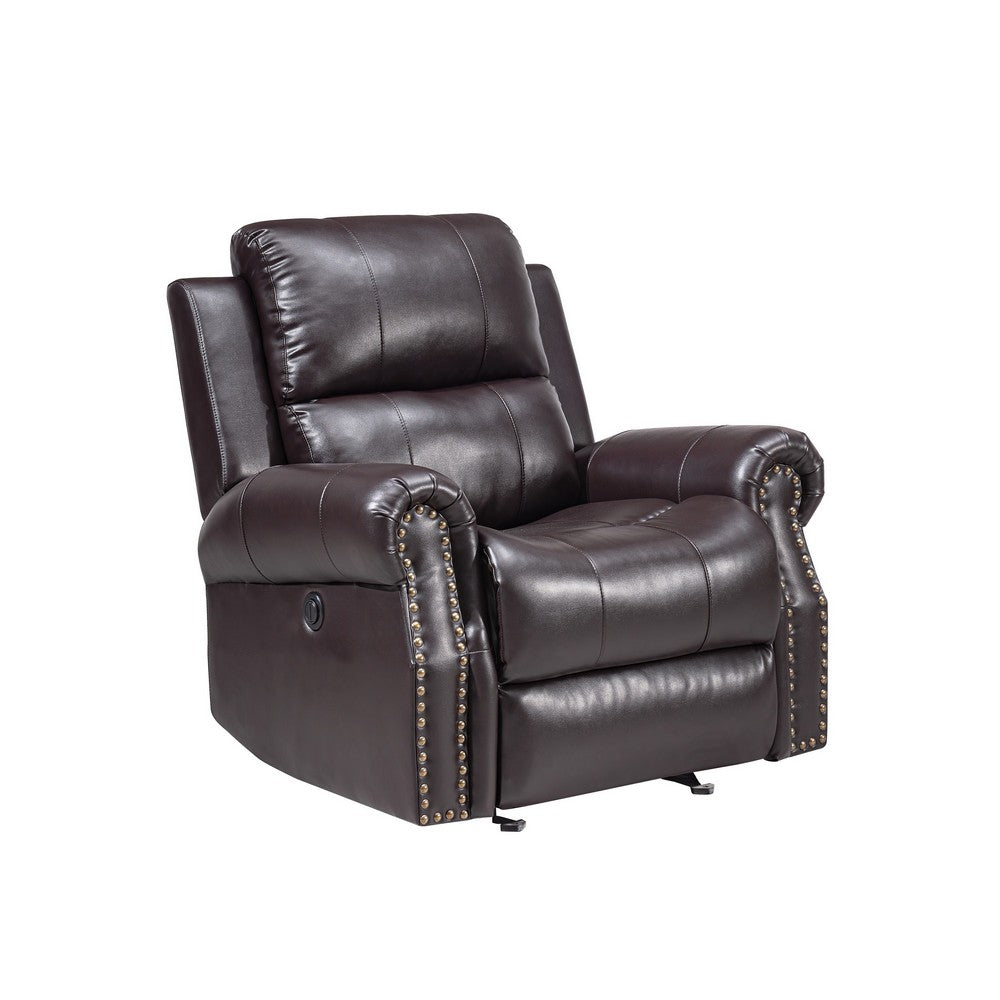 Tavi 37 Inch Glider Chair, Power Recliner, Nailhead Trim, Brown Upholstery - BM316486