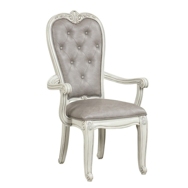 Ellia 26 Inch Side Dining Armchair, Gray Tufted, Vintage Turned Feet, Ivory - BM316494