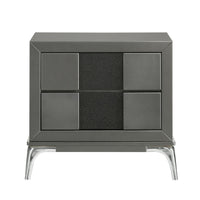 Rya 23 Inch Modern Nightstand with 2 Drawers, Gray Wood, Angled Chrome Legs - BM316506