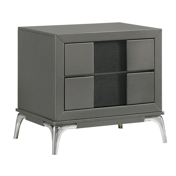 Rya 23 Inch Modern Nightstand with 2 Drawers, Gray Wood, Angled Chrome Legs - BM316506