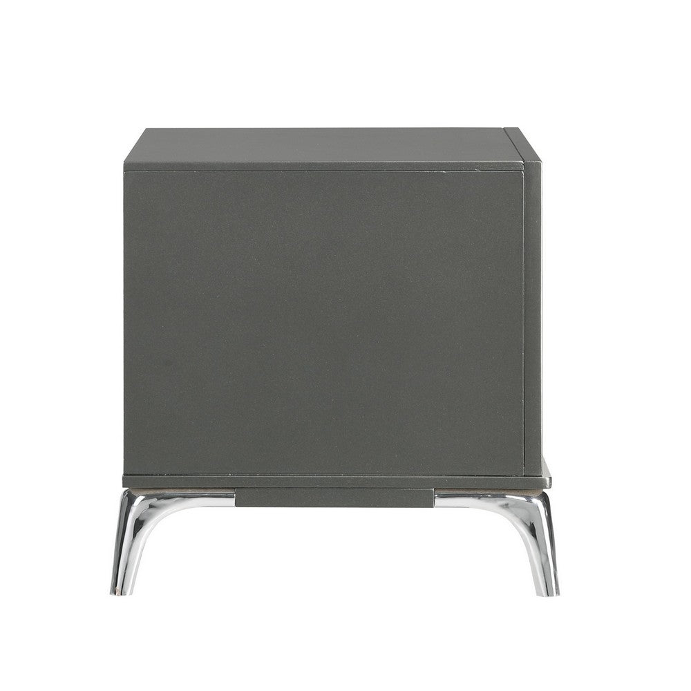 Rya 23 Inch Modern Nightstand with 2 Drawers, Gray Wood, Angled Chrome Legs - BM316506