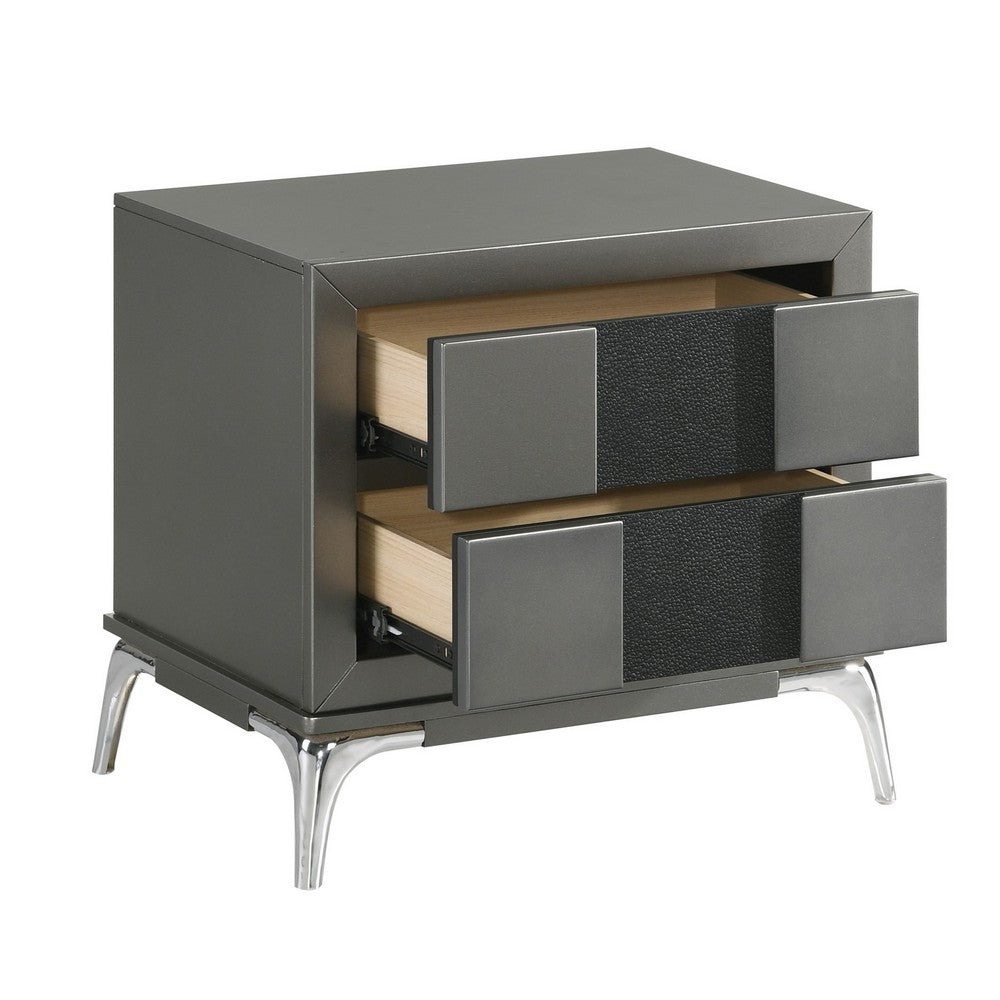 Rya 23 Inch Modern Nightstand with 2 Drawers, Gray Wood, Angled Chrome Legs - BM316506