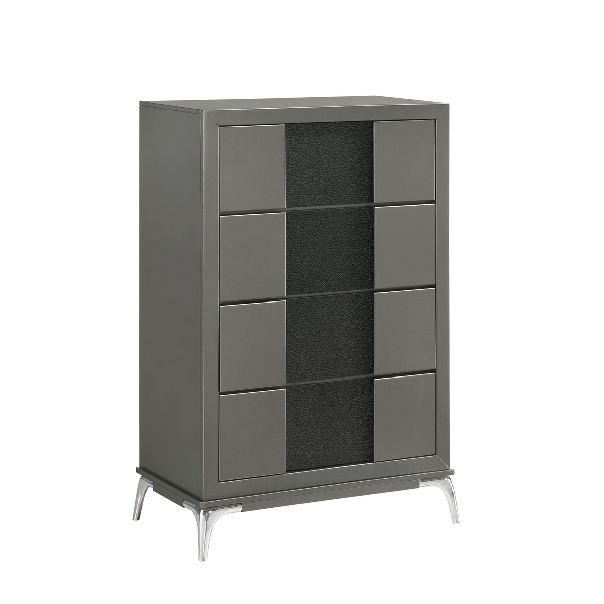 Rya 48 Inch Tall Dresser Chest, 4 Drawers, Gray Wood, Angled Chrome Legs - BM316508