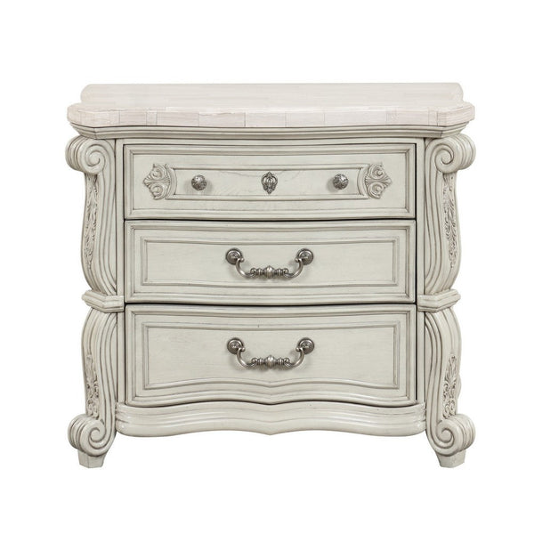 Ellia 32 Inch Nightstand, Scrolled Design, 3 Drawers, Vintage Ivory White - BM316516