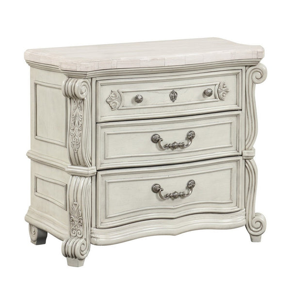 Ellia 32 Inch Nightstand, Scrolled Design, 3 Drawers, Vintage Ivory White - BM316516