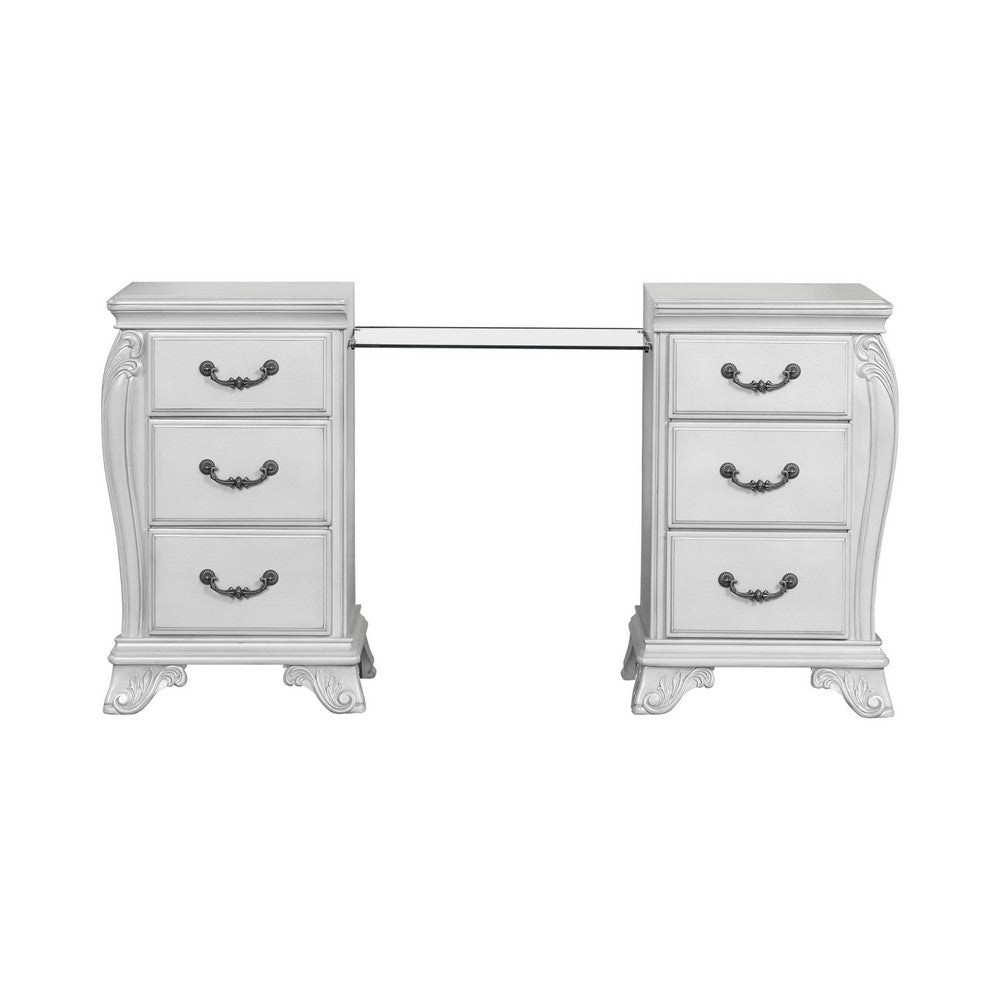 Hailey 67 Inch Vanity Table, Glass Bridge, 6 Drawers, USB, Scrolled Gray - BM316519